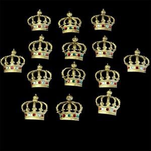 Vintage Set of 14 Gold Crown Ornaments Gold with Green Red And Clear Gem Accents